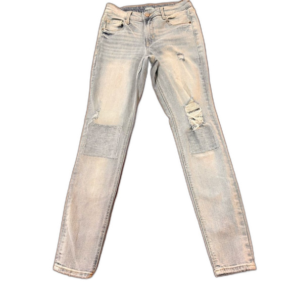 Old Navy Mid Rise Light Wash Distressed Patch Knee Super Skinny Jeans Women 0 - Picture 3 of 9